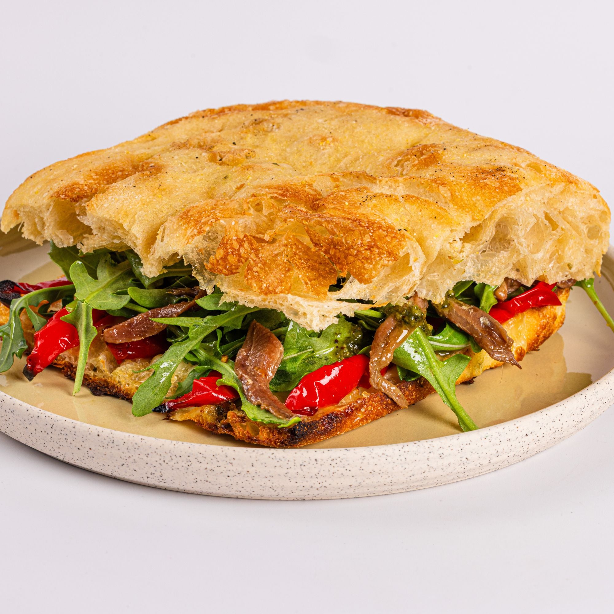 Red Peppers & Anchovy Focaccia Italian Sandwiches